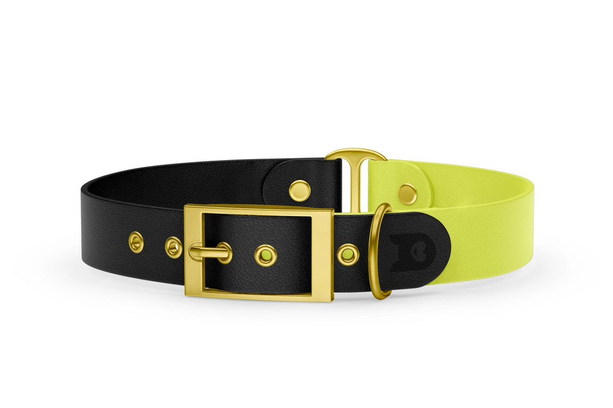 Obojek pro psa Duo - černá / neonově žlutá se zlatými komponenty