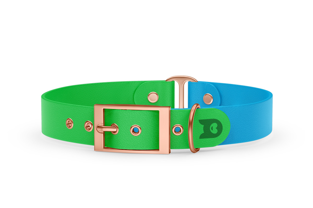 Obojek pro psa Duo - neonově zelená / světle modrá s růžově zlatými komponenty