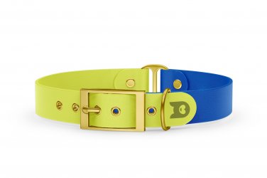 Obojek pro psa Duo - neonově žlutá / modrá se zlatými komponenty