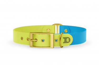Obojek pro psa Duo - neonově žlutá / světle modrá se zlatými komponenty