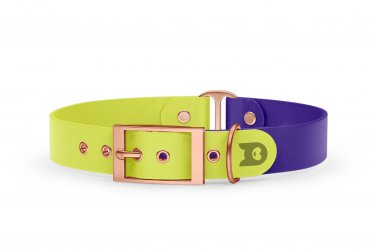 Obojek pro psa Duo - neonově žlutá / fialová s růžově zlatými komponenty