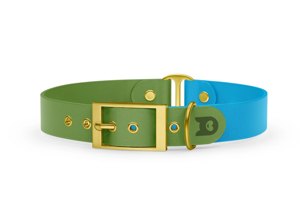 Obojek pro psa Duo - olivová / světle modrá se zlatými komponenty