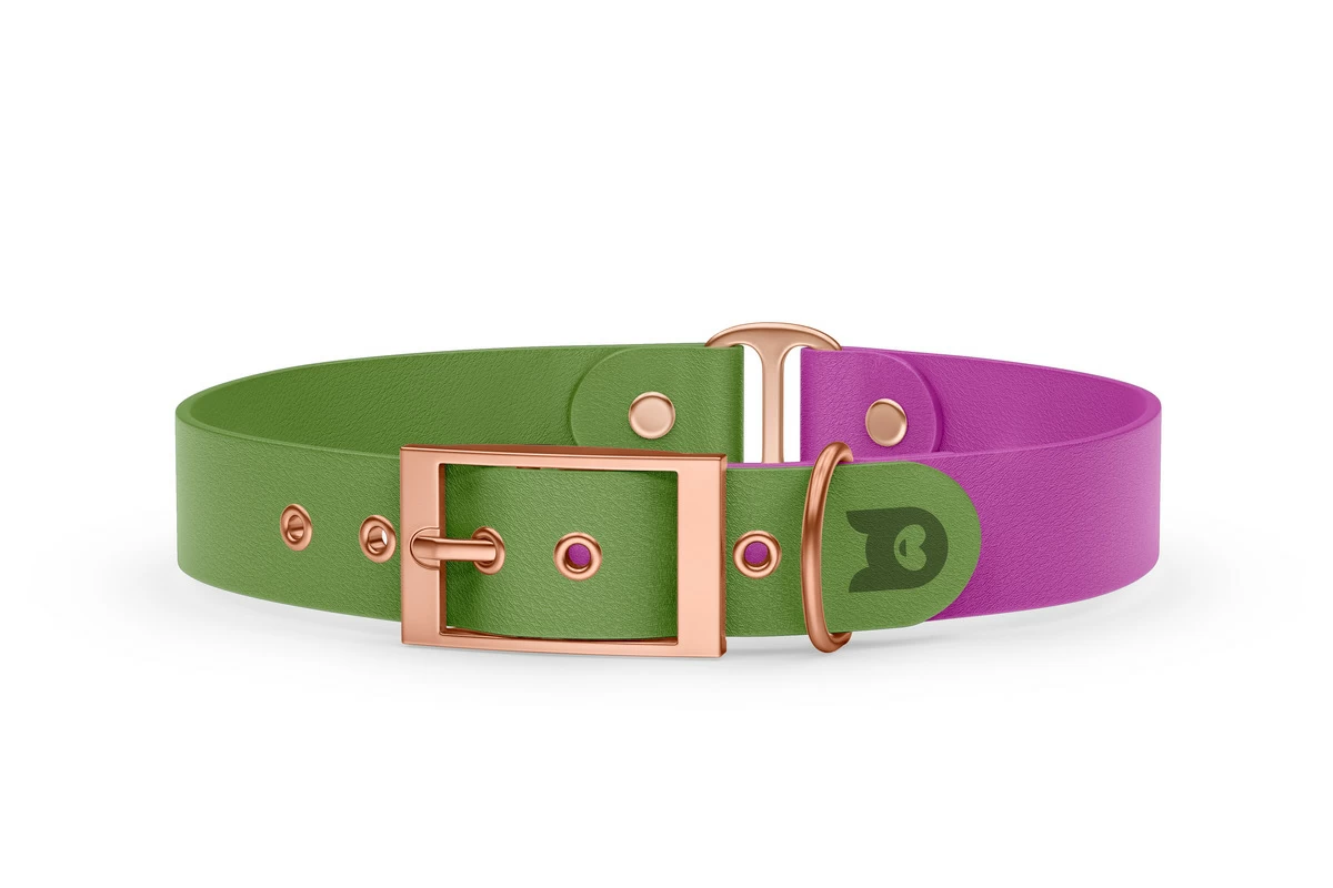 Obojek pro psa Duo - olivová / světle fialová s růžově zlatými komponenty