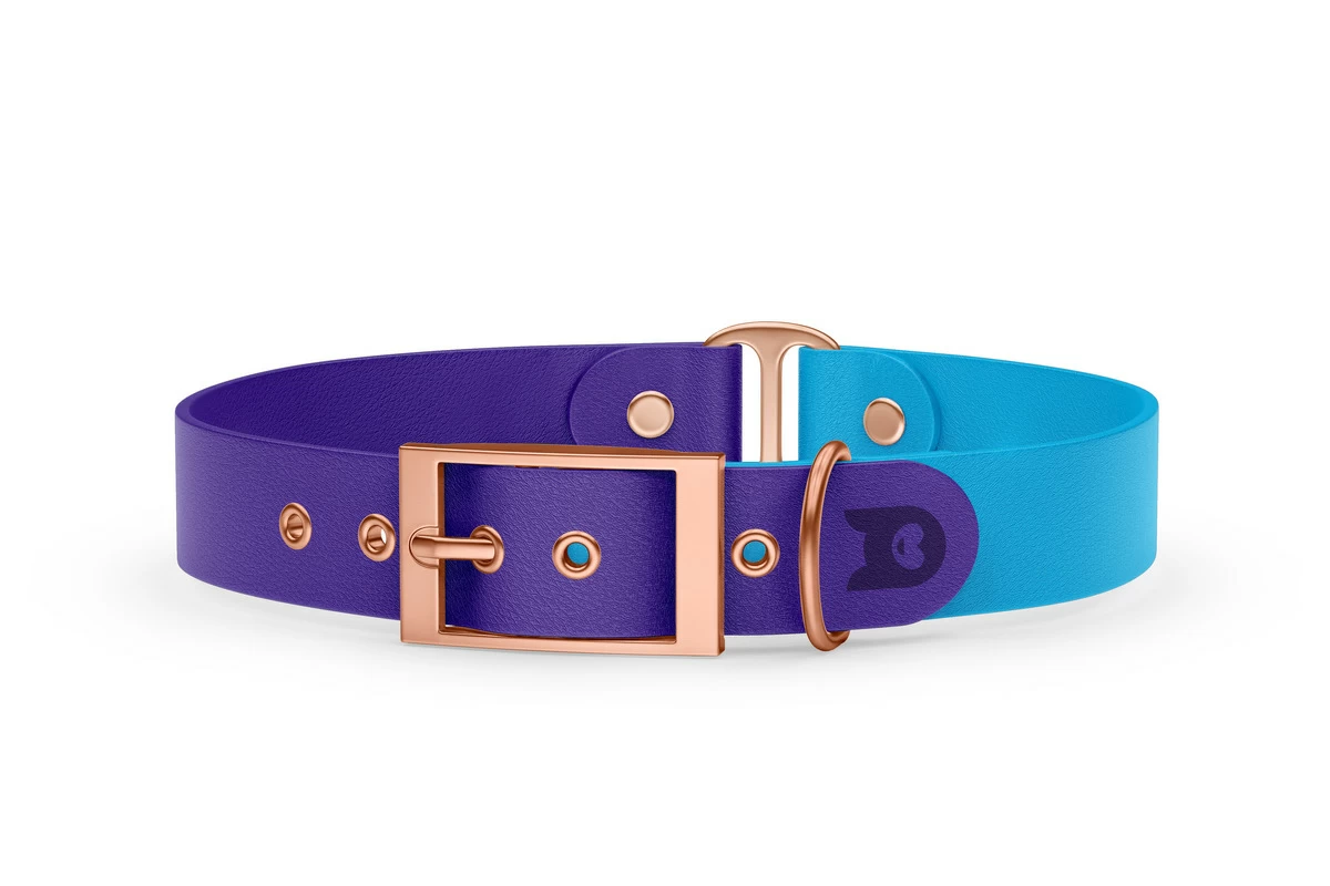 Obojek pro psa Duo - fialová / světle modrá s růžově zlatými komponenty