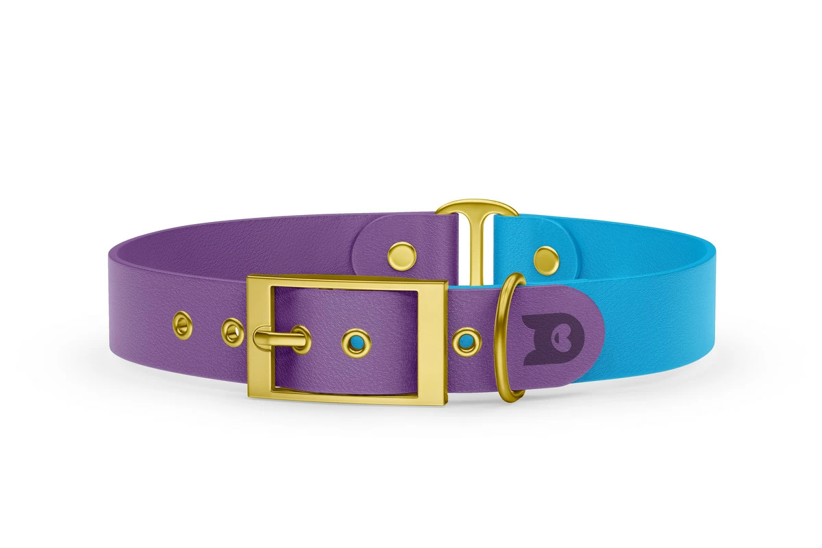 Obojek pro psa Duo - purpurová / světle modrá se zlatými komponenty