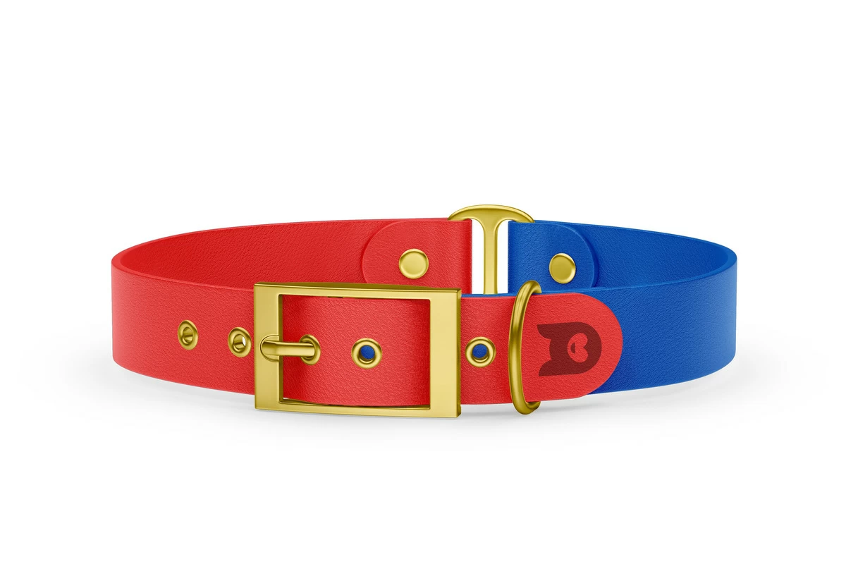 Obojek pro psa Duo - červená / modrá se zlatými komponenty