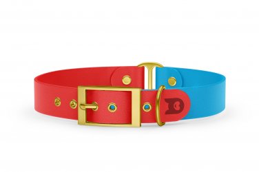Obojek pro psa Duo - červená / světle modrá se zlatými komponenty