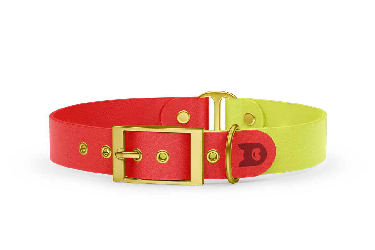 Obojek pro psa Duo - červená / neonově žlutá se zlatými komponenty