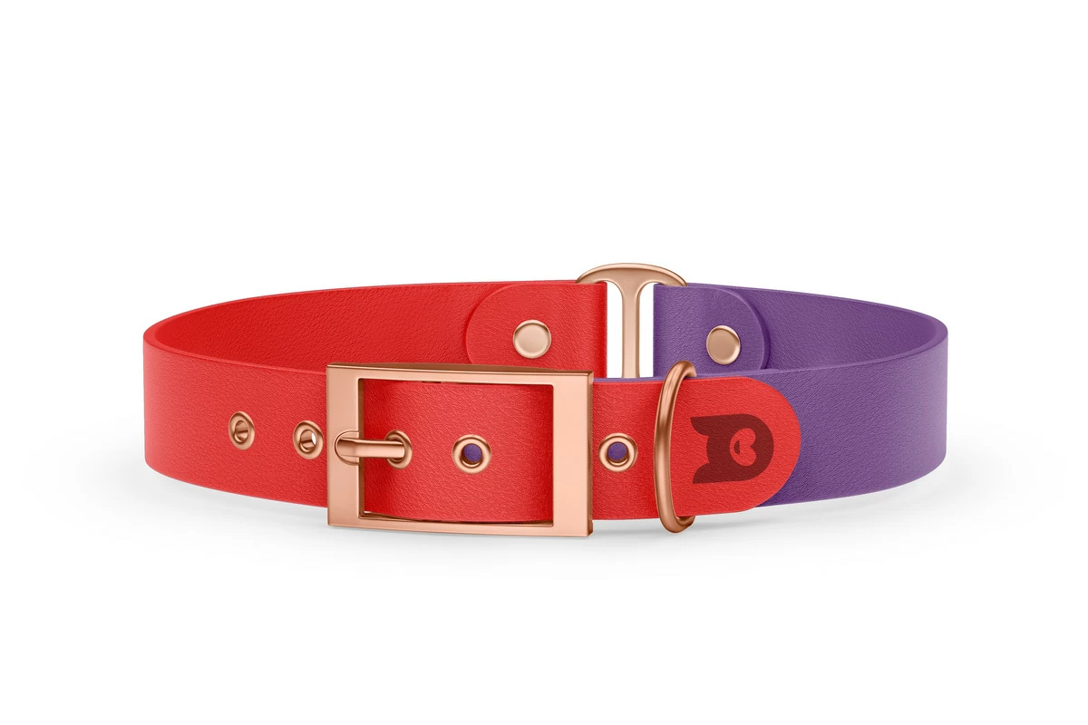 Obojek pro psa Duo - červená / purpurová s růžově zlatými komponenty