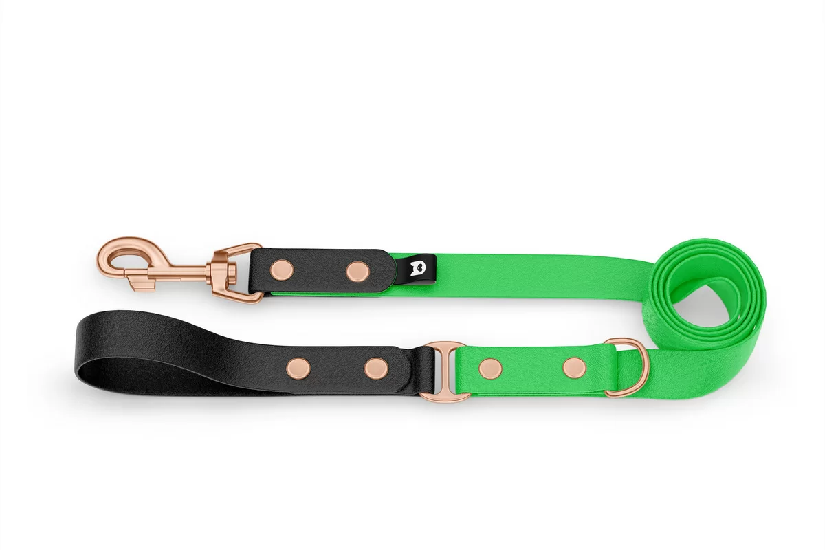 Vodítko pro psa Duo - černé / neonově zelené s růžově zlatými komponenty