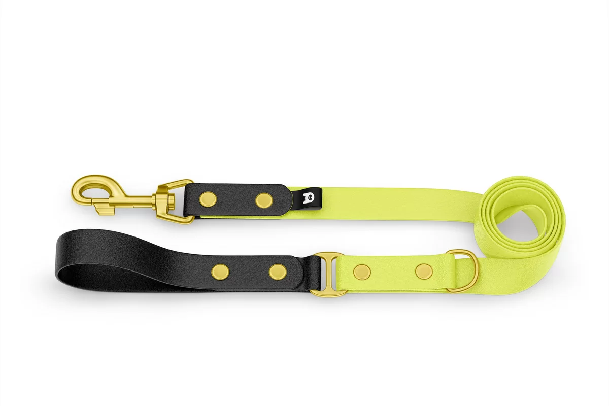 Vodítko pro psa Duo - černé / neonově žluté se zlatými komponenty