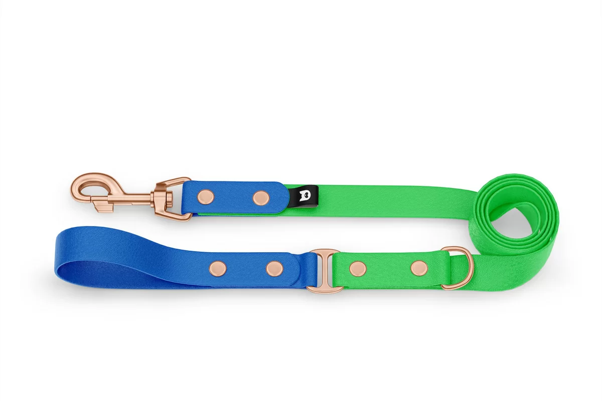 Vodítko pro psa Duo - modré / neonově zelené s růžově zlatými komponenty