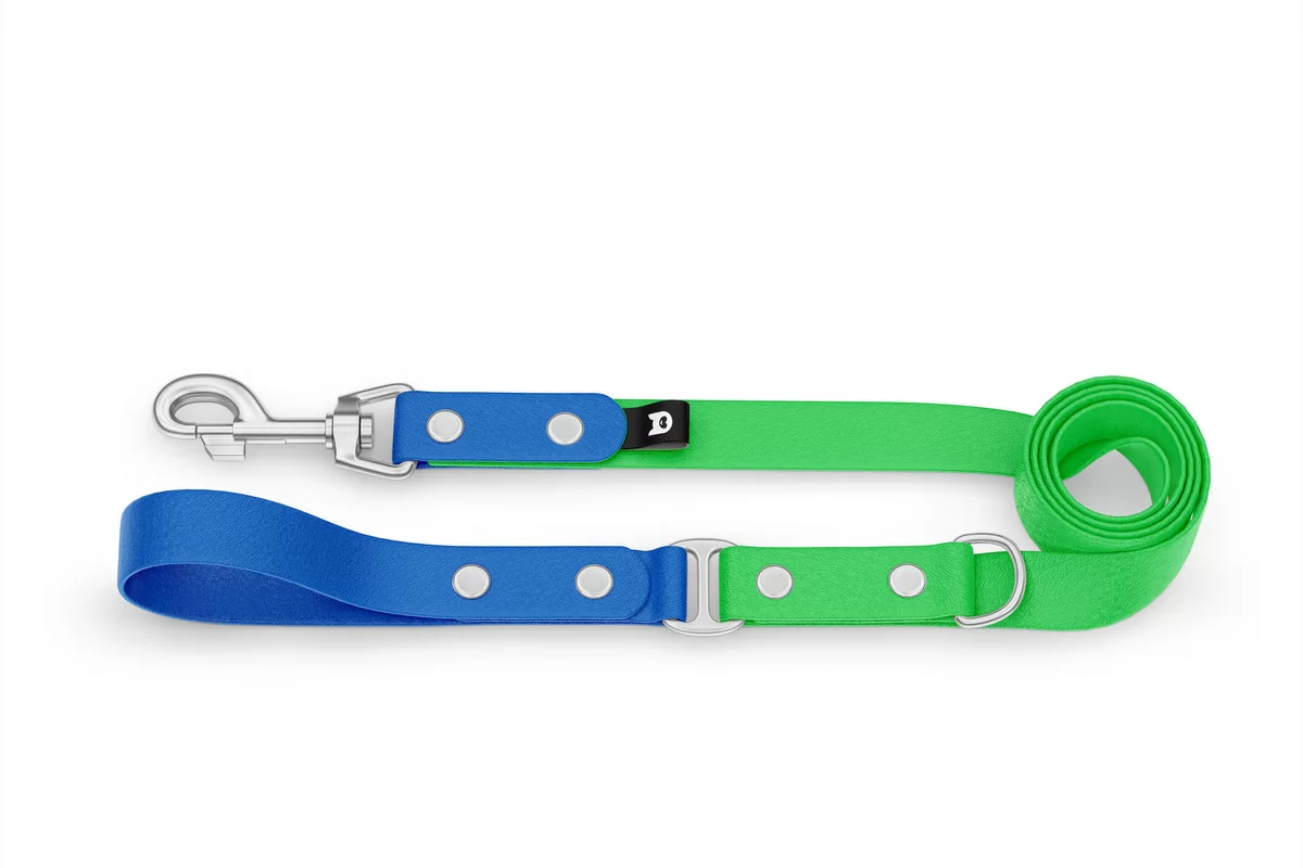 Vodítko pro psa Duo - modré / neonově zelené se stříbrnými komponenty