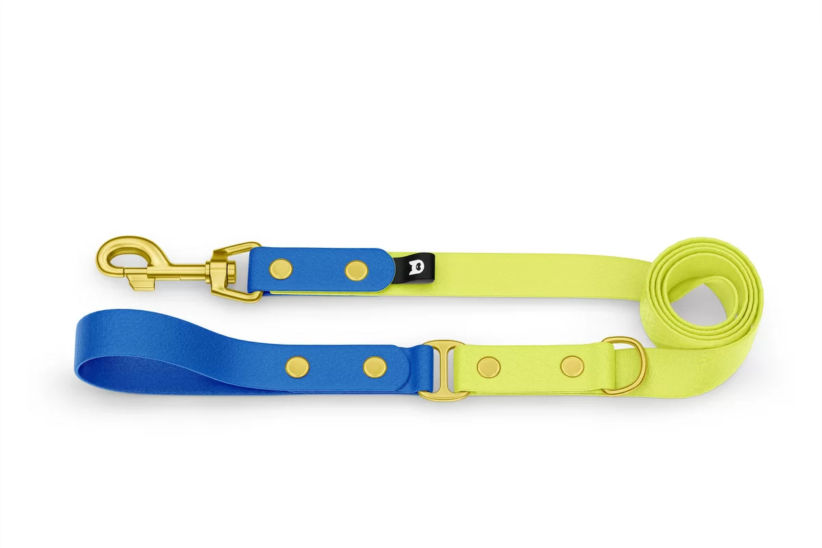 Vodítko pro psa Duo - modré / neonově žluté se zlatými komponenty