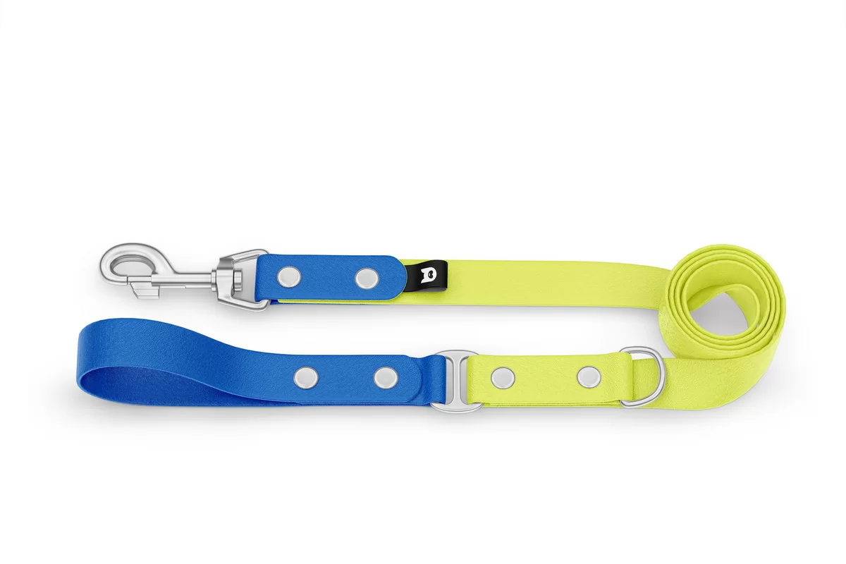 Vodítko pro psa Duo - modré / neonově žluté se stříbrnými komponenty