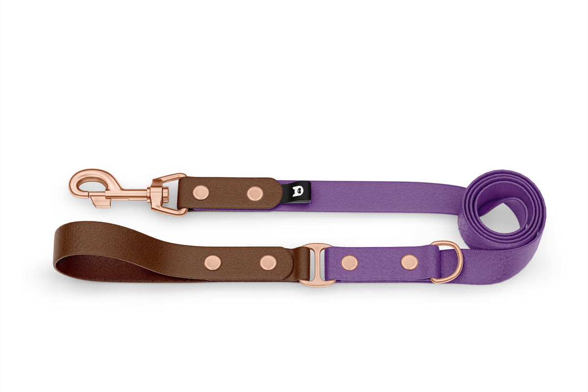Vodítko pro psa Duo - tmavě hnědé / purpurové s růžově zlatými komponenty