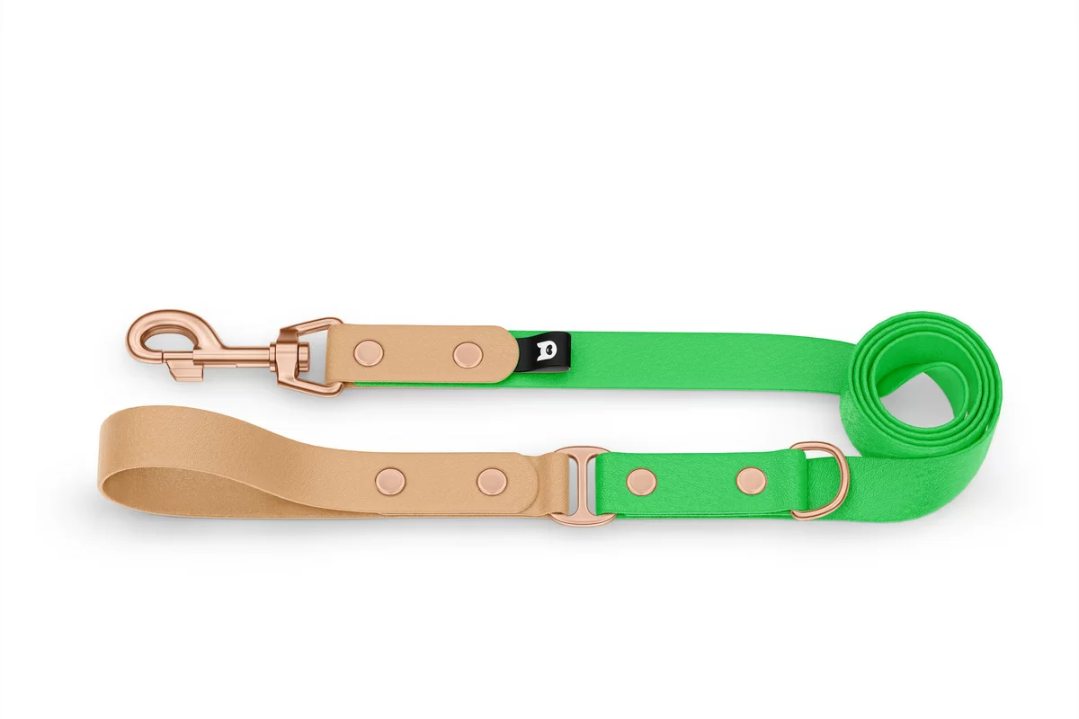 Vodítko pro psa Duo - světle hnědé / neonově zelené s růžově zlatými komponenty