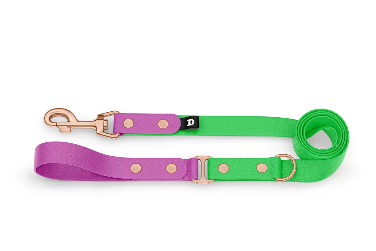 Vodítko pro psa Duo - světle fialové / neonově zelené s růžově zlatými komponenty