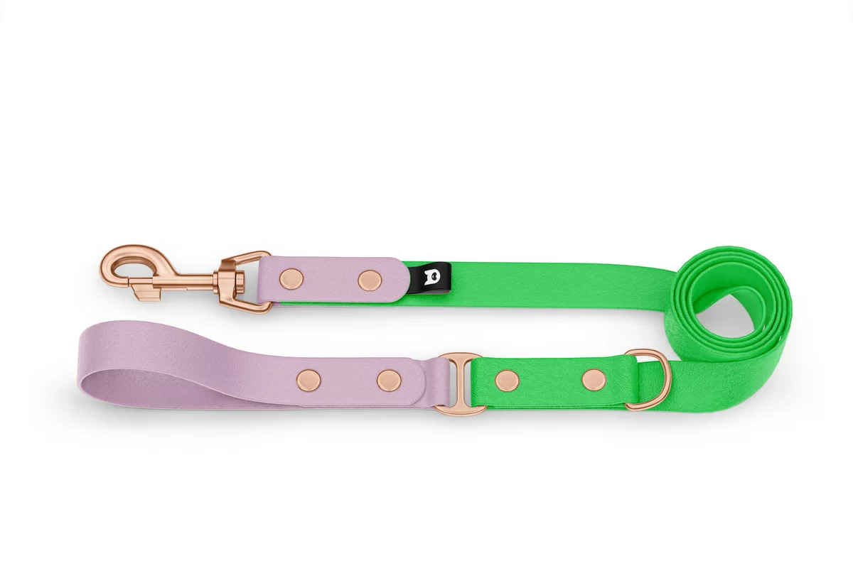 Vodítko pro psa Duo - šeříkové / neonově zelené s růžově zlatými komponenty