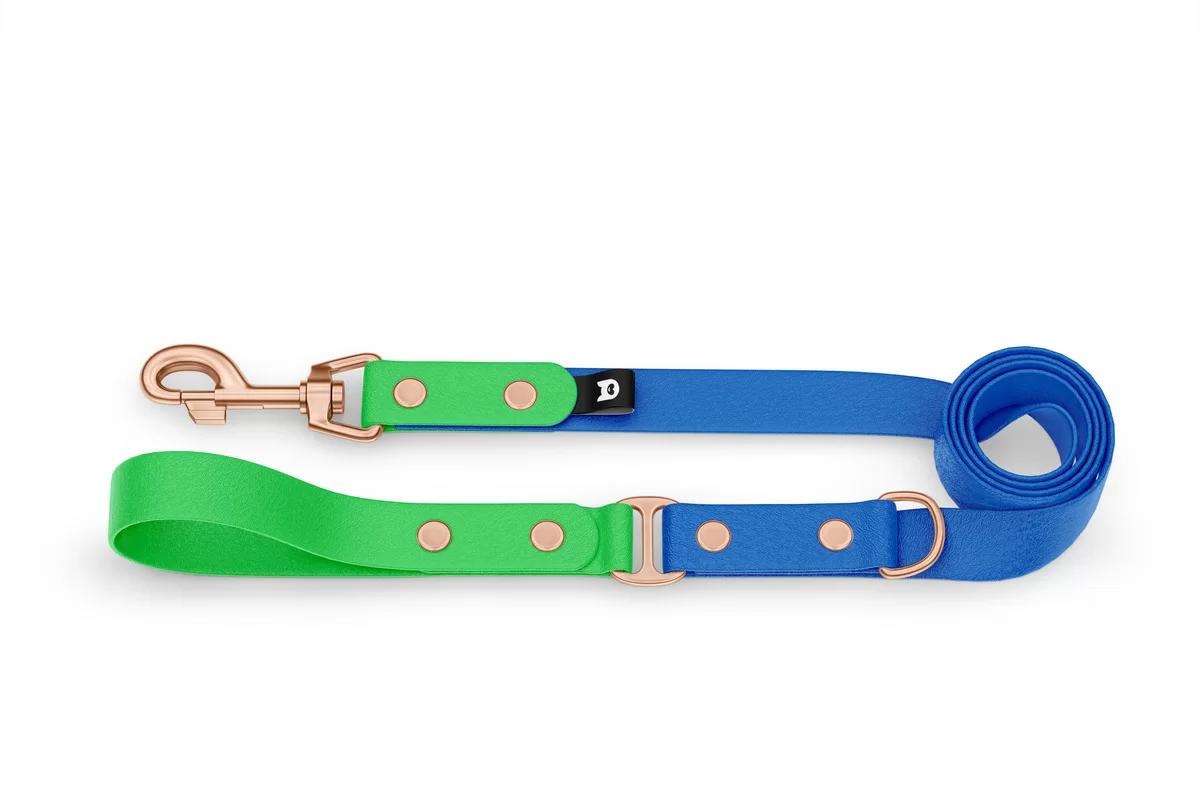 Vodítko pro psa Duo - neonově zelené / modré s růžově zlatými komponenty
