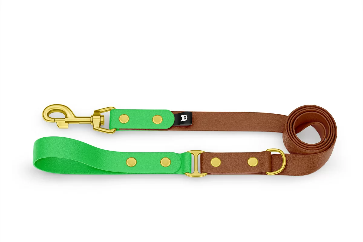 Vodítko pro psa Duo - neonově zelené / hnědé se zlatými komponenty