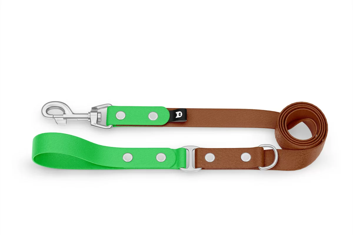 Vodítko pro psa Duo - neonově zelené / hnědé se stříbrnými komponenty