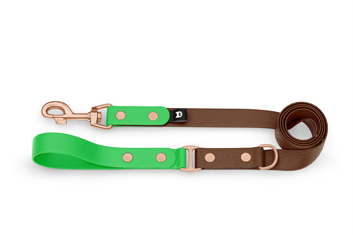 Vodítko pro psa Duo - neonově zelené / tmavě hnědé s růžově zlatými komponenty