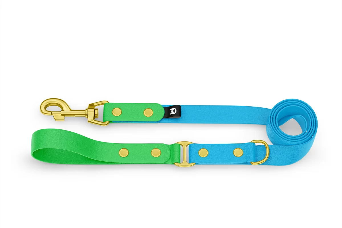 Vodítko pro psa Duo - neonově zelené / světle modré se zlatými komponenty