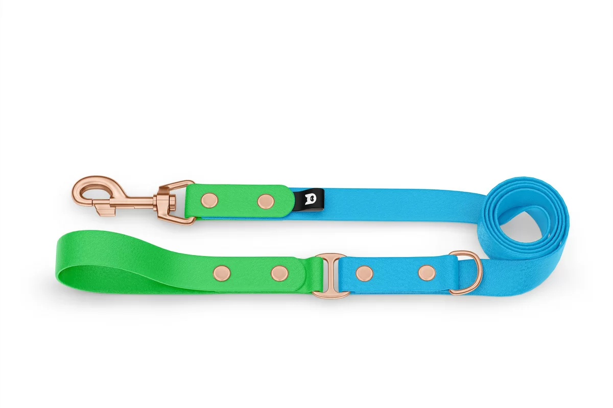 Vodítko pro psa Duo - neonově zelené / světle modré s růžově zlatými komponenty