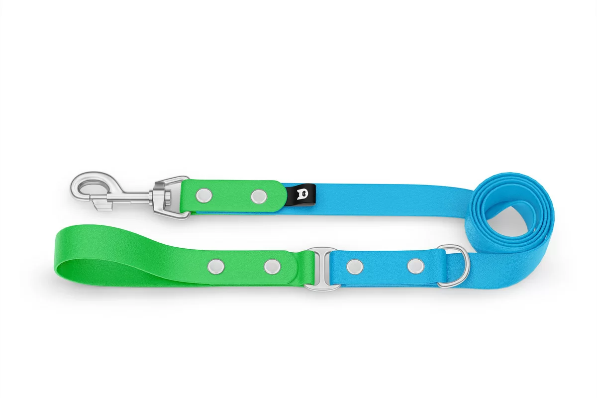 Vodítko pro psa Duo - neonově zelené / světle modré se stříbrnými komponenty
