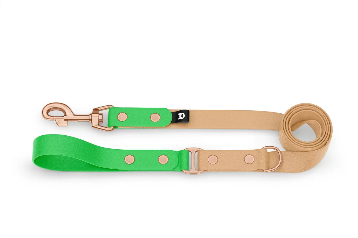 Vodítko pro psa Duo - neonově zelené / světle hnědé s růžově zlatými komponenty