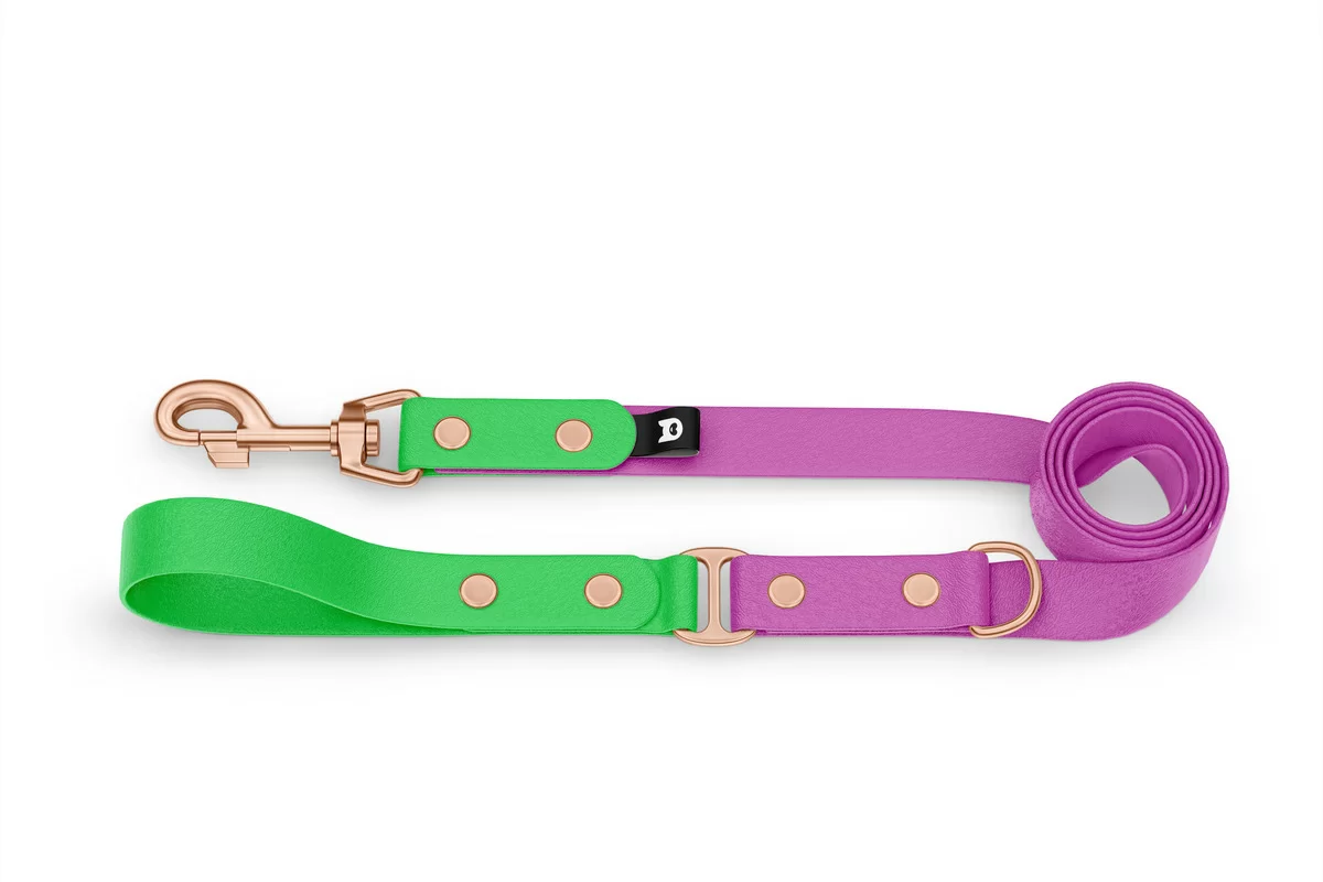 Vodítko pro psa Duo - neonově zelené / světle fialové s růžově zlatými komponenty