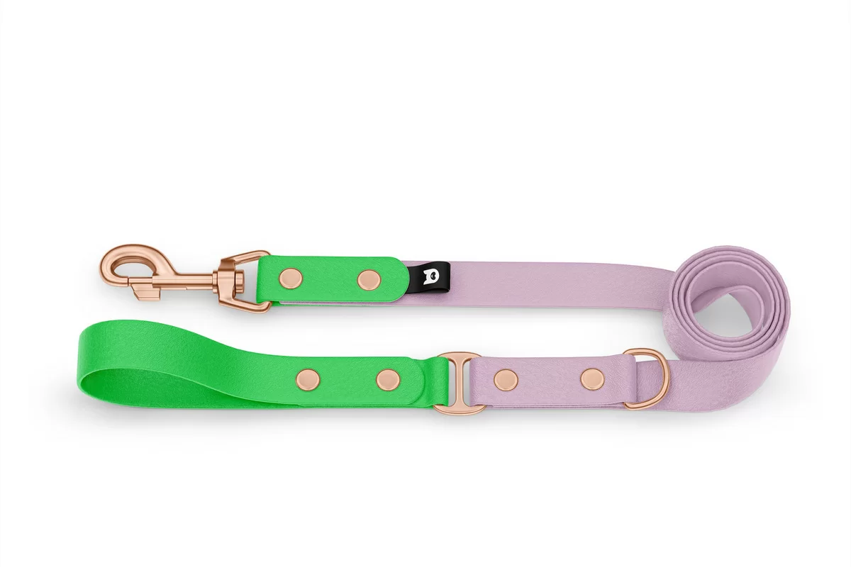 Vodítko pro psa Duo - neonově zelené / šeříkové s růžově zlatými komponenty