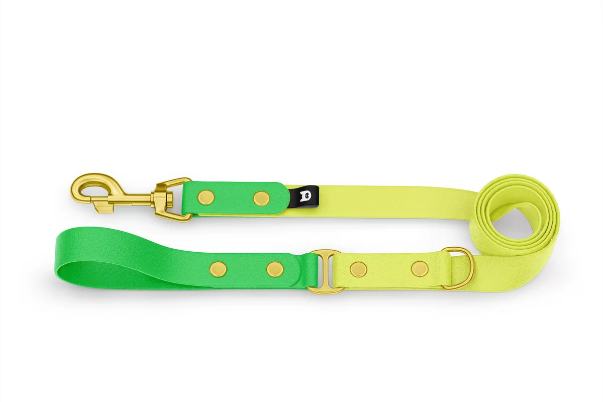 Vodítko pro psa Duo - neonově zelené / neonově žluté se zlatými komponenty
