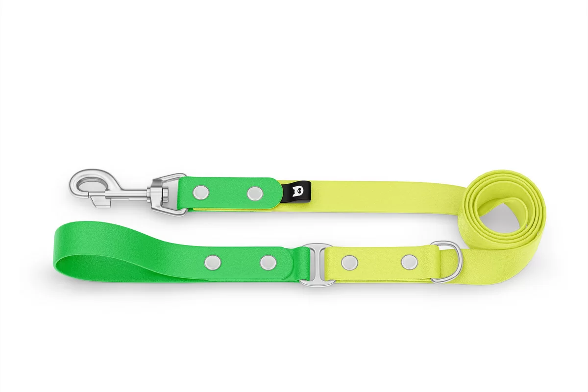 Vodítko pro psa Duo - neonově zelené / neonově žluté se stříbrnými komponenty