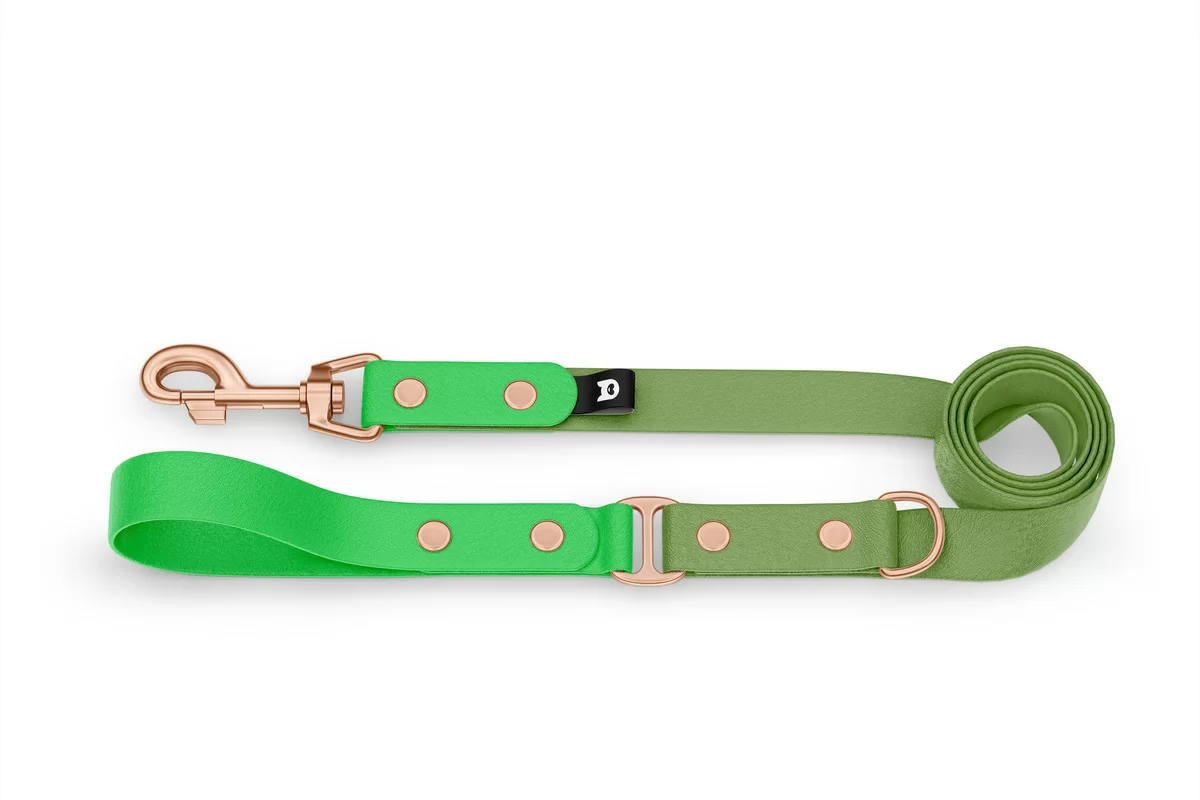 Vodítko pro psa Duo - neonově zelené / olivové s růžově zlatými komponenty