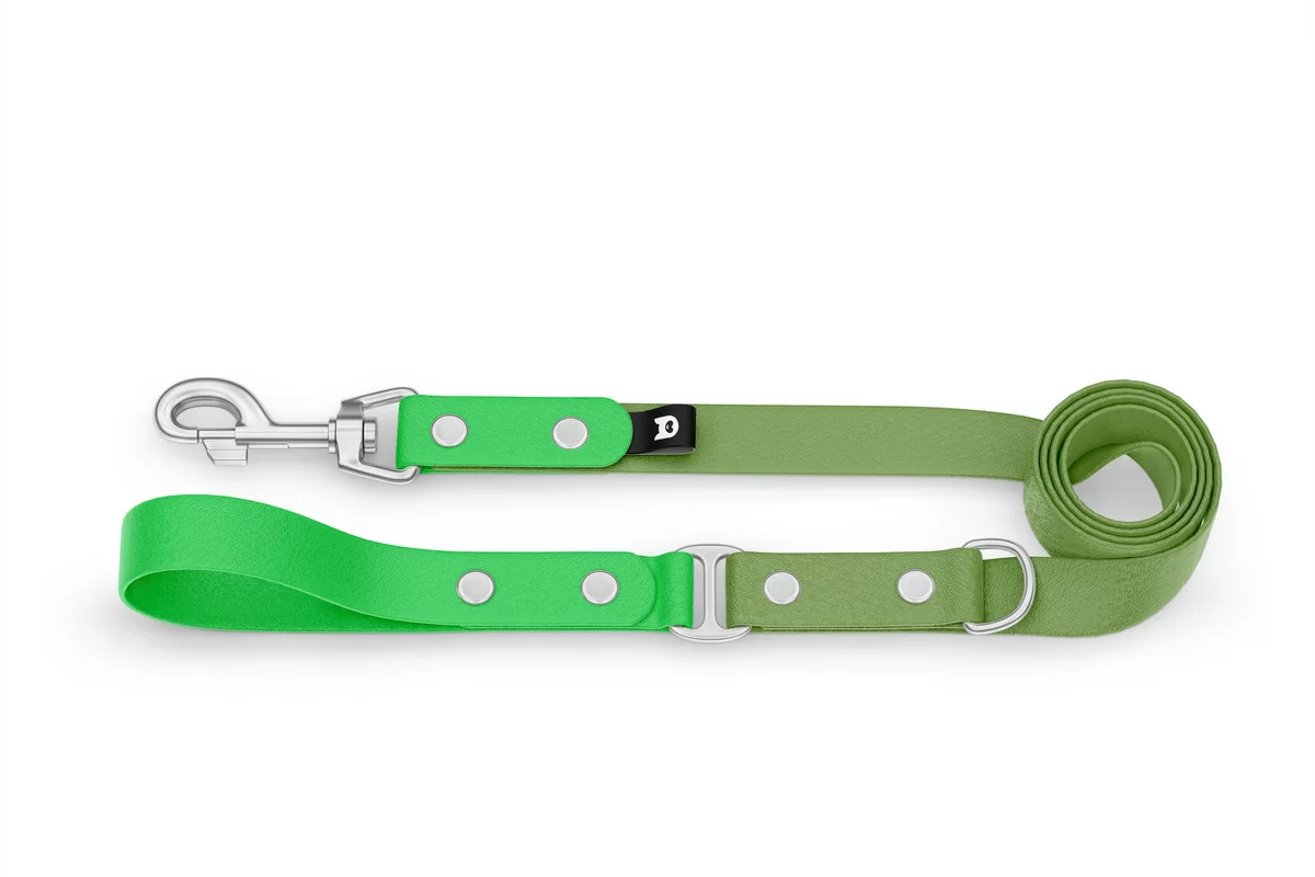 Vodítko pro psa Duo - neonově zelené / olivové se stříbrnými komponenty