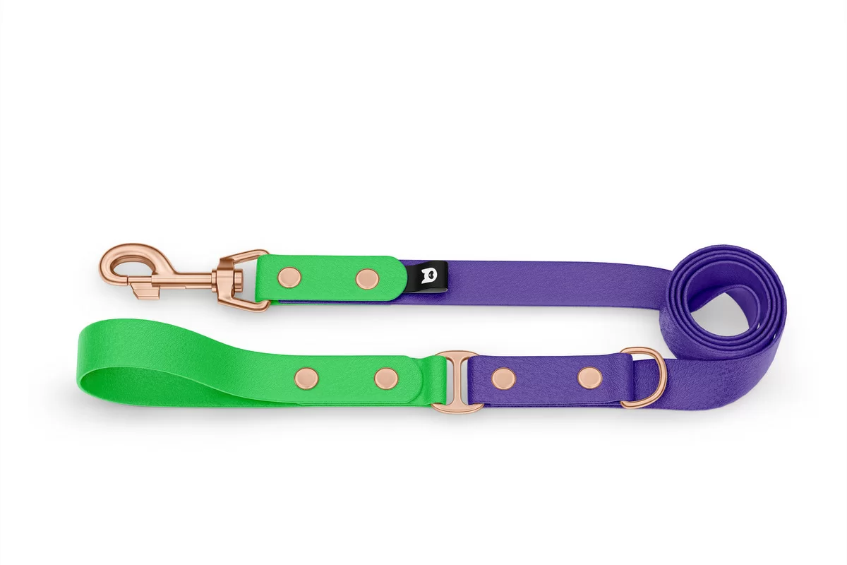 Vodítko pro psa Duo - neonově zelené / fialové s růžově zlatými komponenty