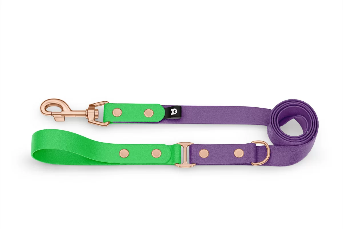 Vodítko pro psa Duo - neonově zelené / purpurové s růžově zlatými komponenty