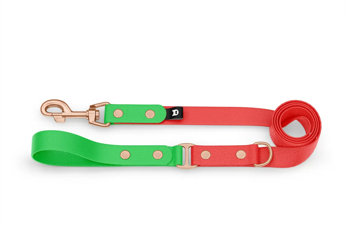 Vodítko pro psa Duo - neonově zelené / červené s růžově zlatými komponenty