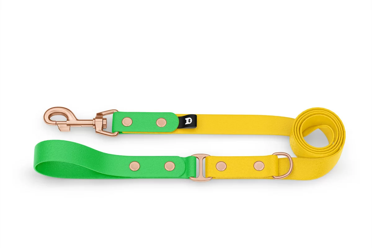 Vodítko pro psa Duo - neonově zelené / žluté s růžově zlatými komponenty