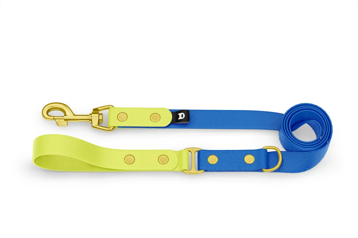 Vodítko pro psa Duo - neonově žluté / modré se zlatými komponenty