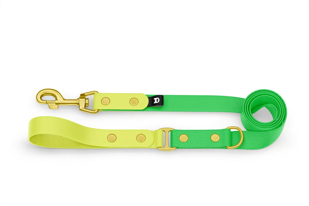 Vodítko pro psa Duo - neonově žluté / neonově zelené se zlatými komponenty