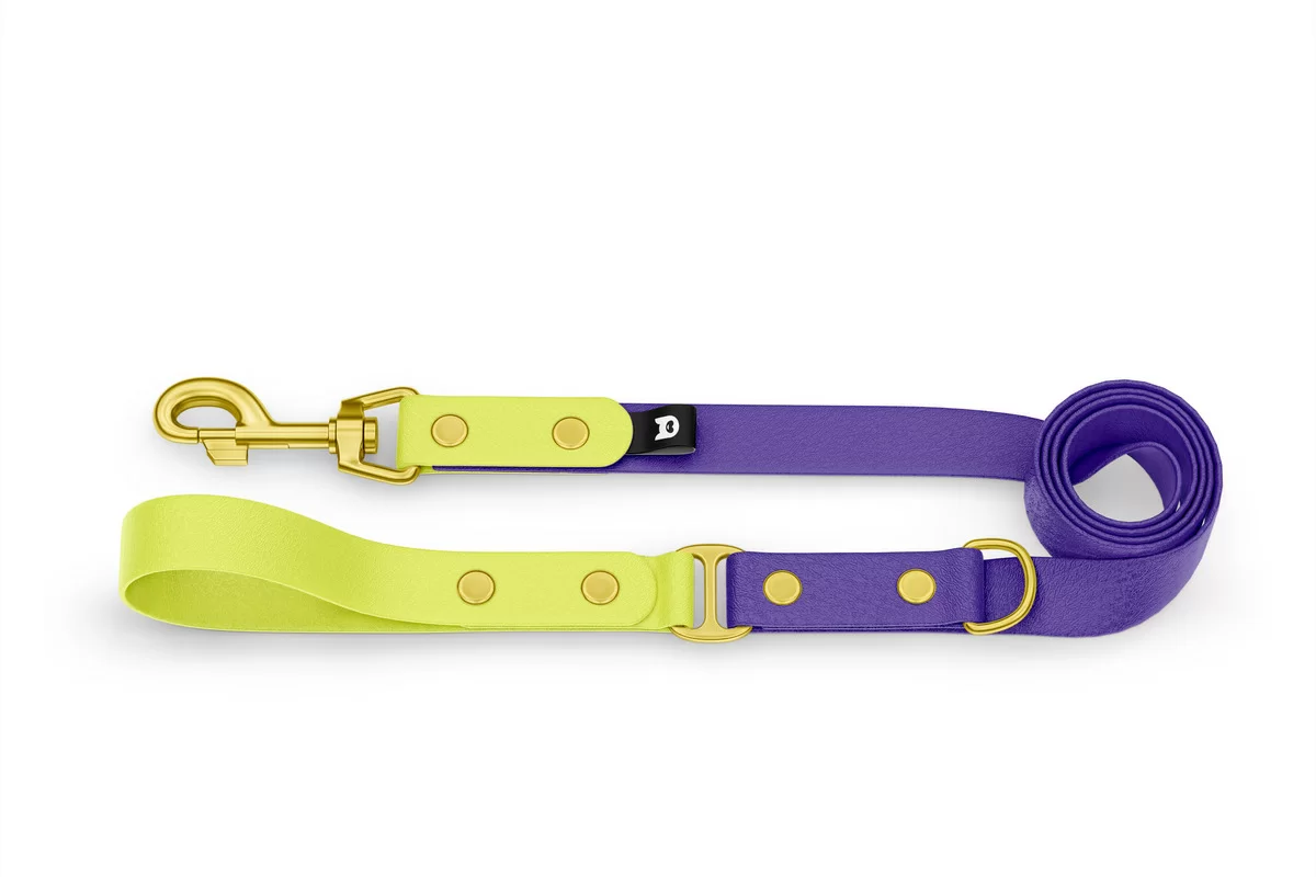 Vodítko pro psa Duo - neonově žluté / fialové se zlatými komponenty
