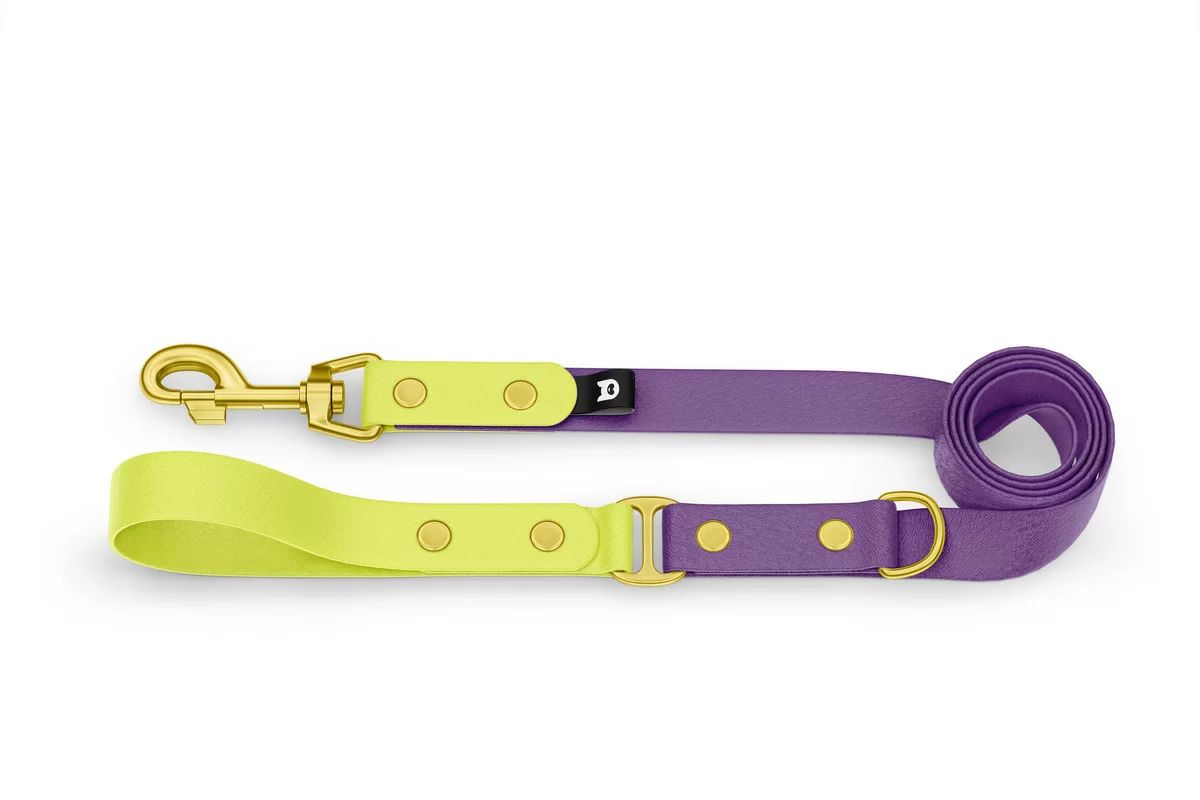 Vodítko pro psa Duo - neonově žluté / purpurové se zlatými komponenty