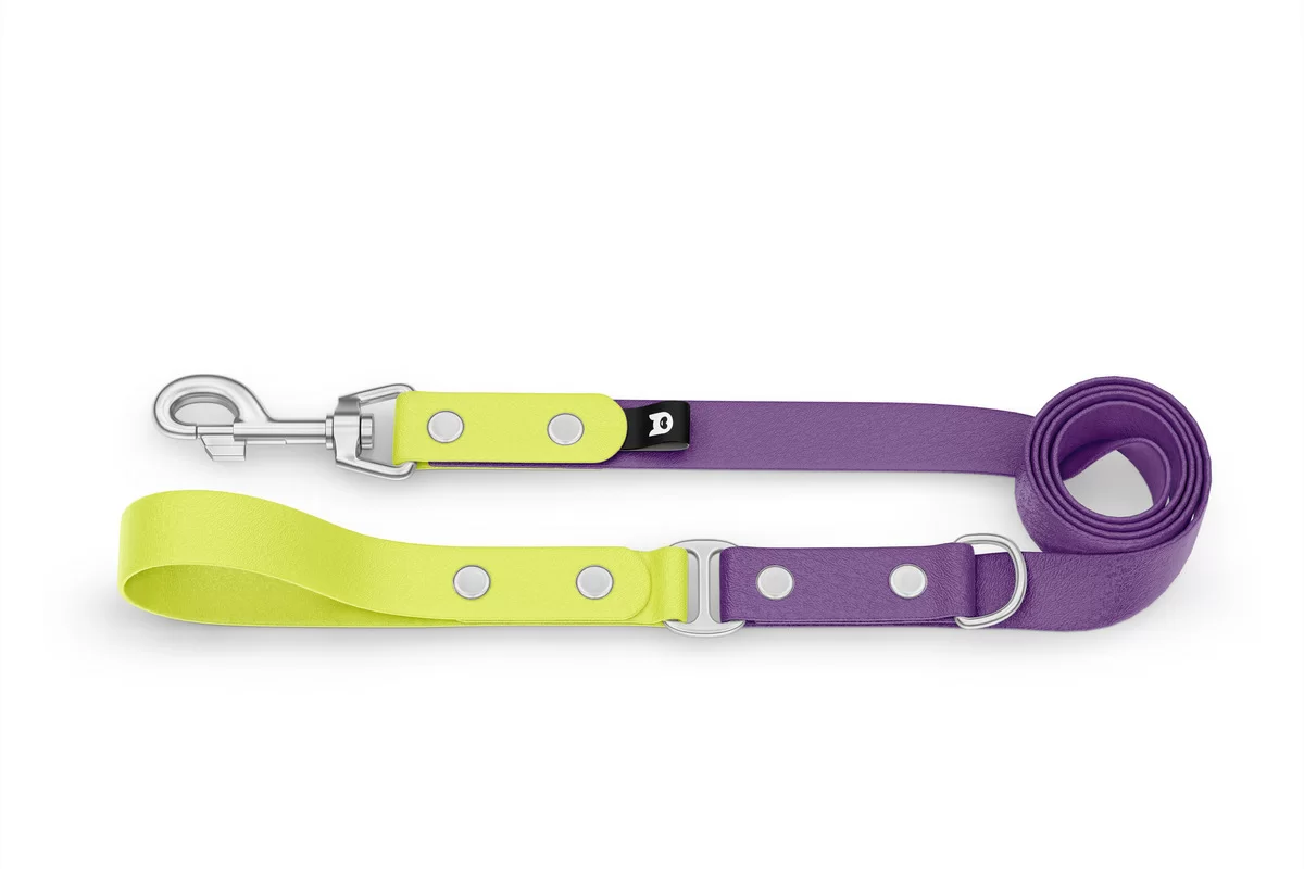 Vodítko pro psa Duo - neonově žluté / purpurové se stříbrnými komponenty
