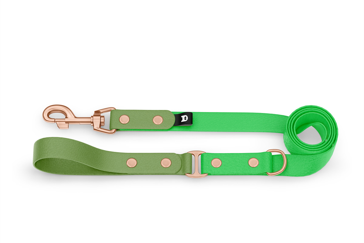 Foto Vodítko pro psa Duo - olivové / neonově zelené s růžově zlatými komponenty
