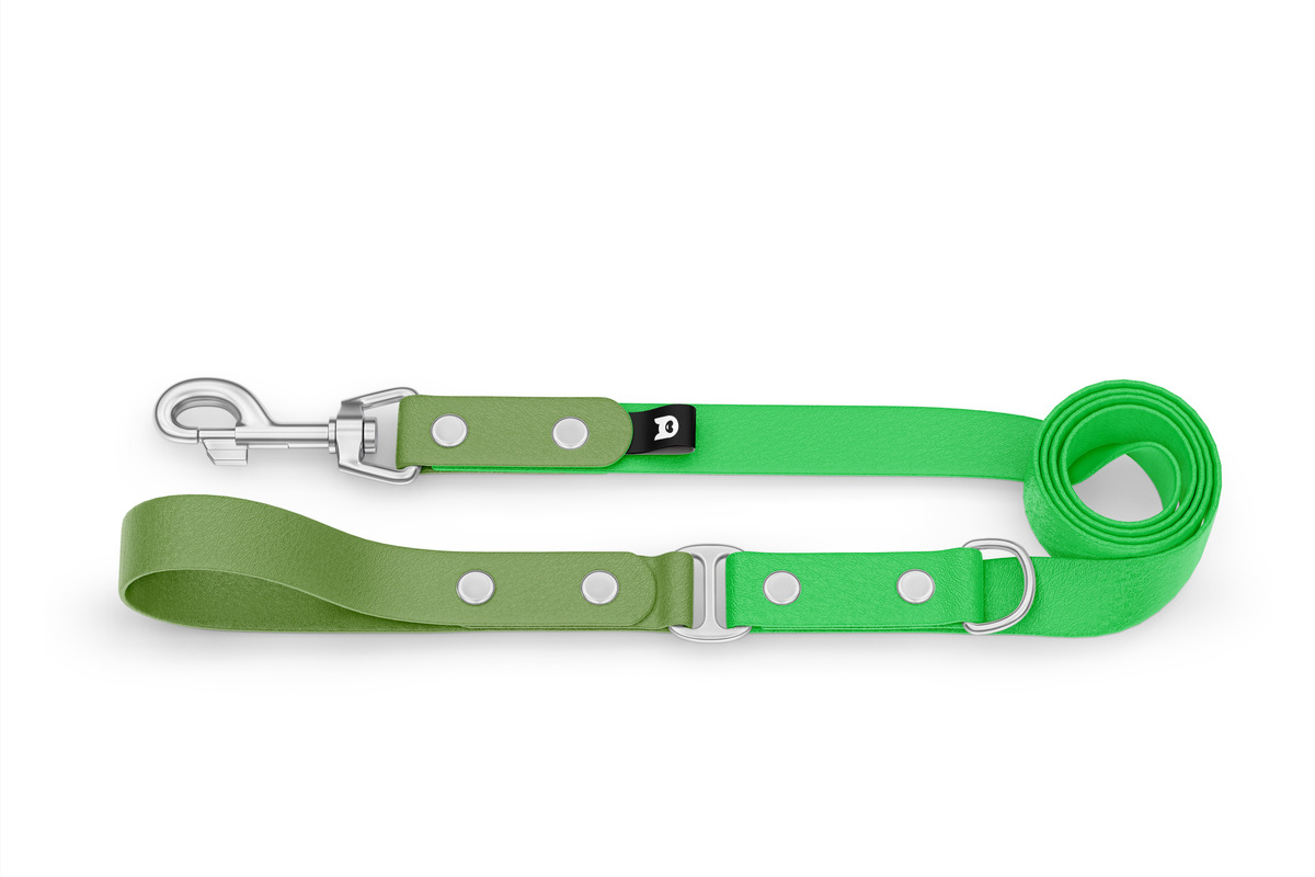 Foto Vodítko pro psa Duo - olivové / neonově zelené se stříbrnými komponenty