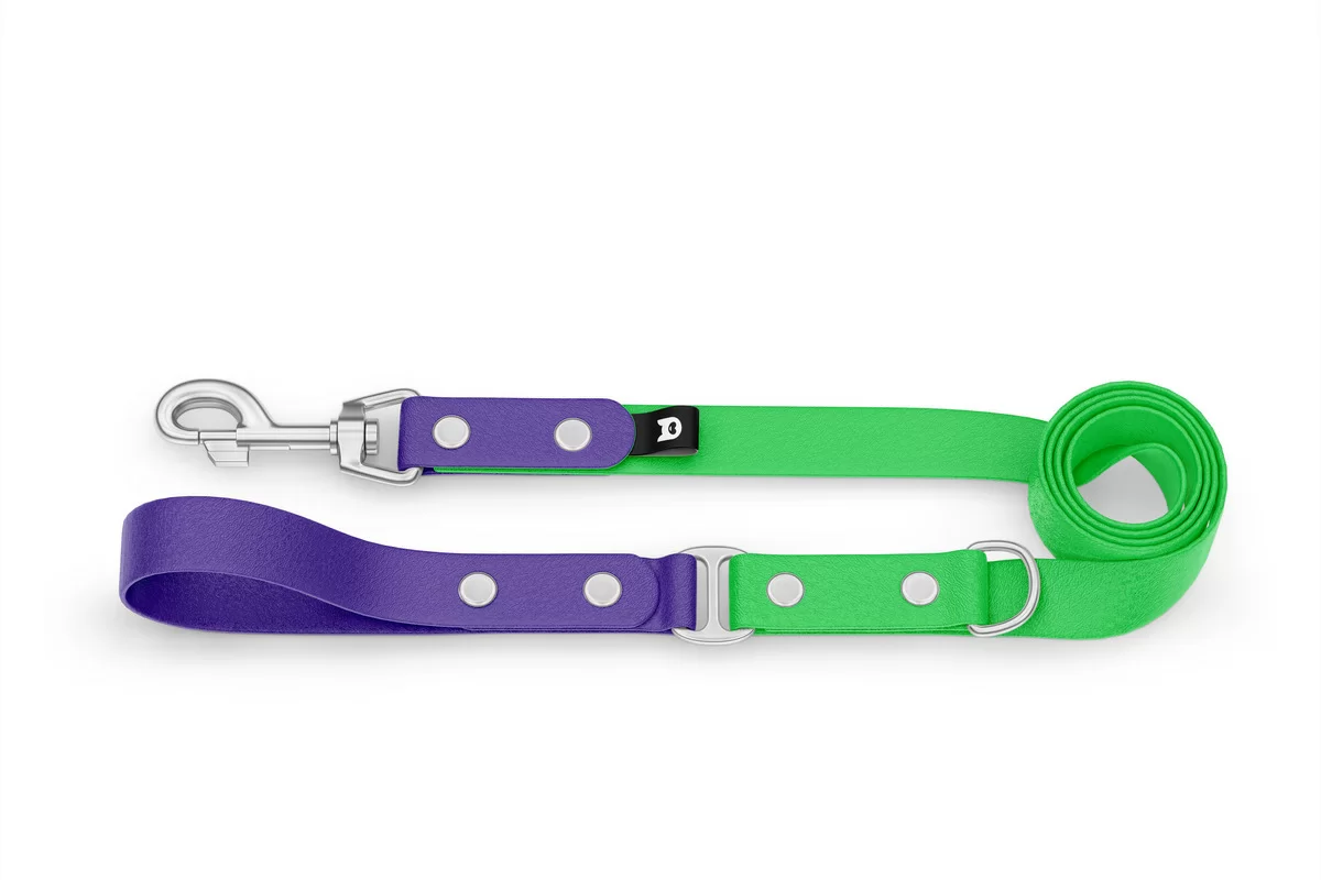 Vodítko pro psa Duo - fialové / neonově zelené se stříbrnými komponenty
