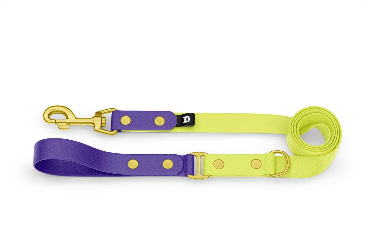 Vodítko pro psa Duo - fialové / neonově žluté se zlatými komponenty